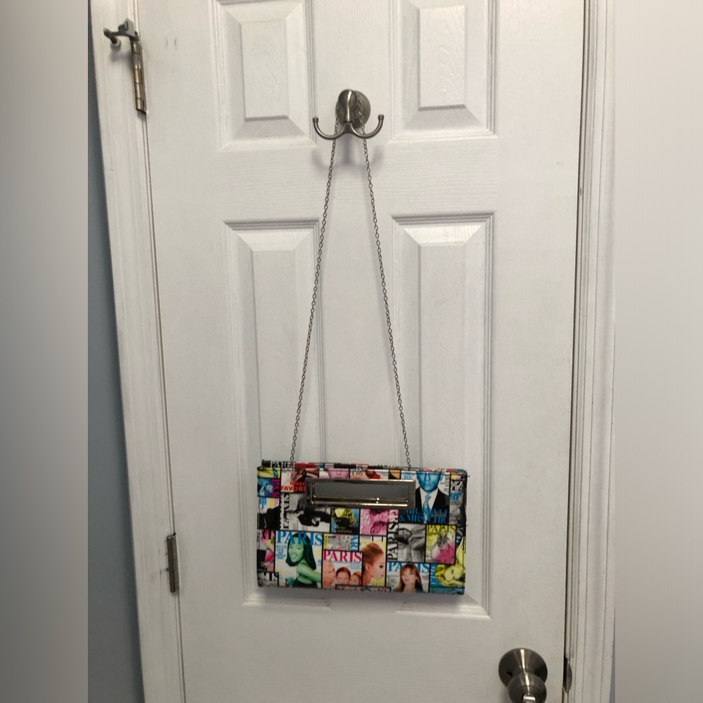 Parisian Colorful Magazine Print Clutch Evening Bag Silver Chain Strap
